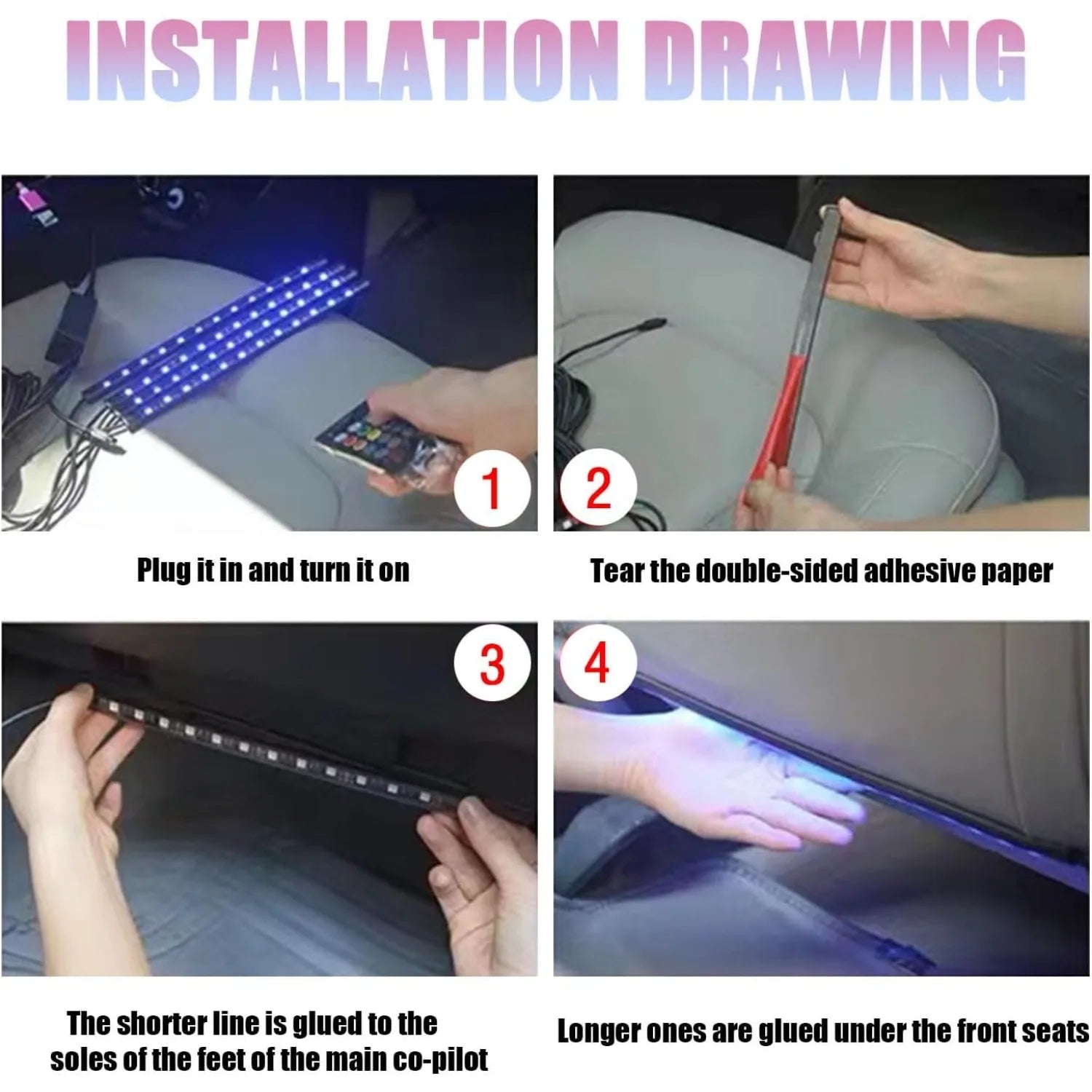 4 Pieces 48 Led Car Interior Lights, Led Strip Lights for Cars, Multicolored Music LED Car Atmosphere Lights